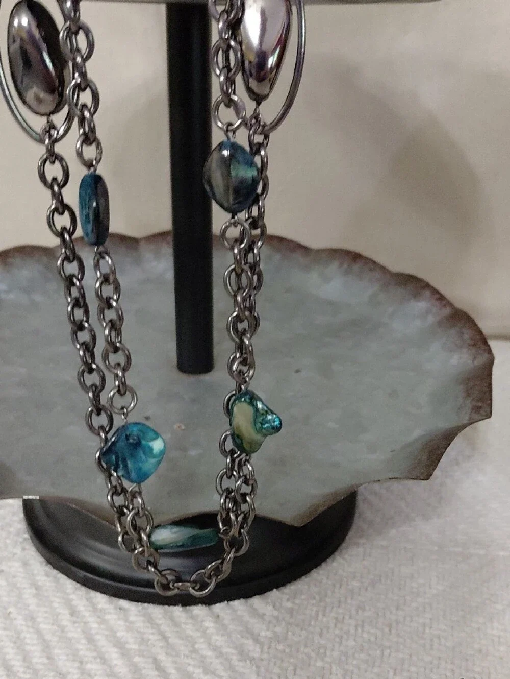 Long Silver Chain Necklace with Teal Beads